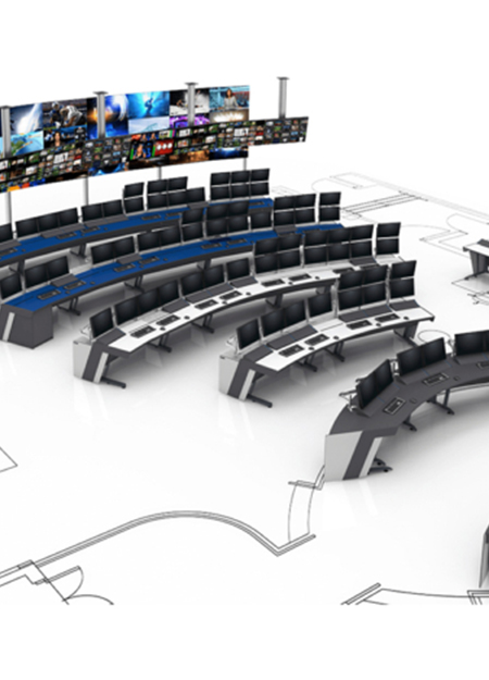 3D Rendering of console room designs for custom projects as part of control room design services by Lund Halsey