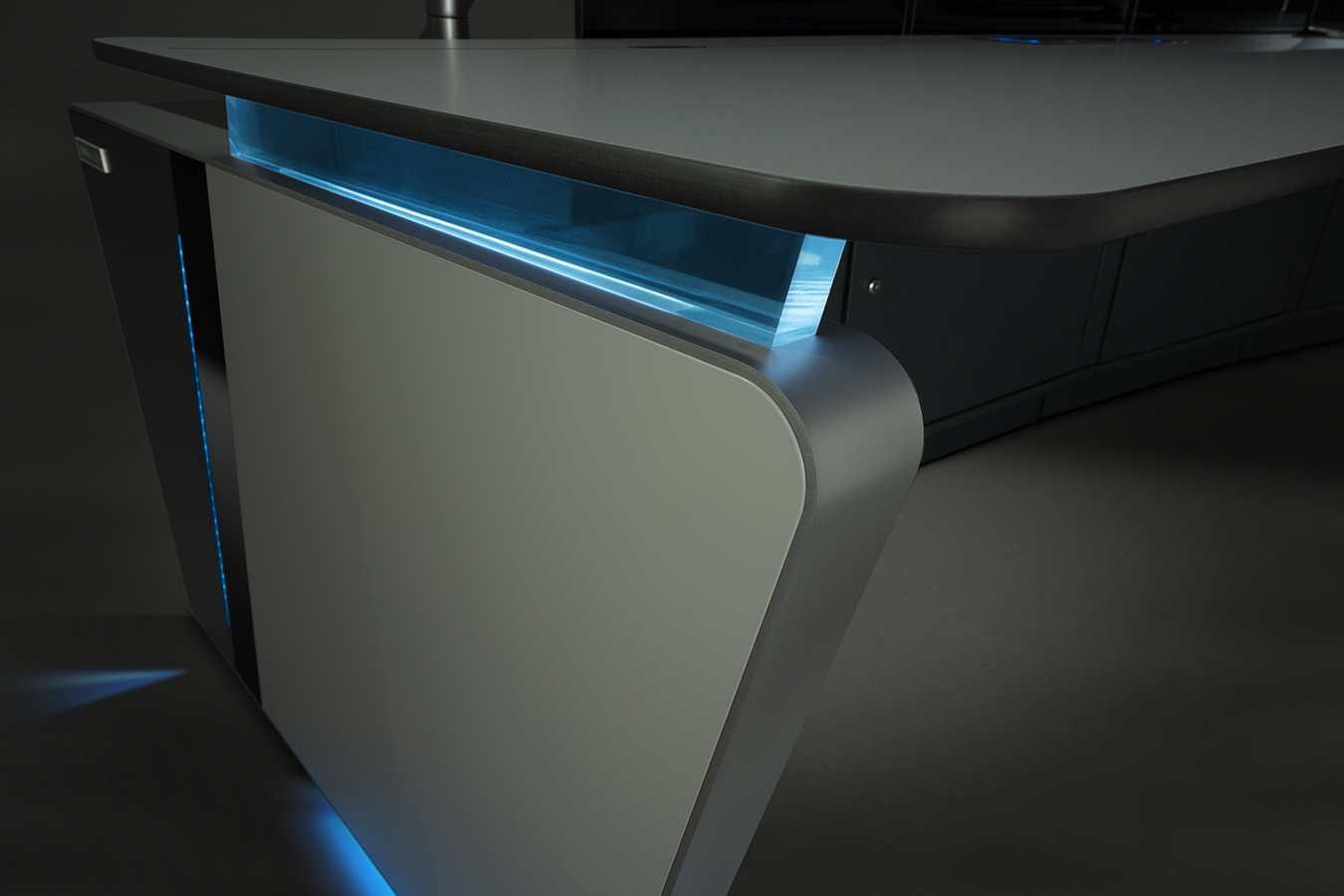 LundHalsey Kontrol Plus Fixed Height Control Room Console Floating Illuminated Work Surface & Continuous End Hoop