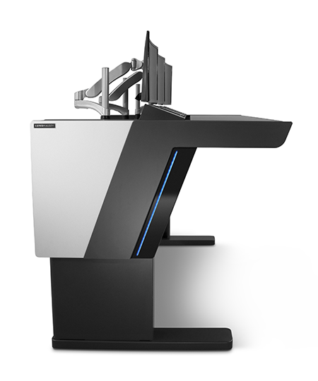 E-Type Air Plus Height Adjustable High Desk for Control Rooms with multiple monitor arms, LED lighting and modern design.