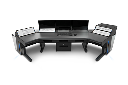 E-type Fixed Height Wide Light View of Console desk Designed for: TV, Radio & Podcast broadcast studios and control rooms.