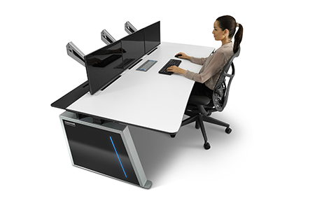 Visionline VL3 3-4 Model seated, showing blue LED Lighting and adjustable console desk with three adjustable monitor arms.