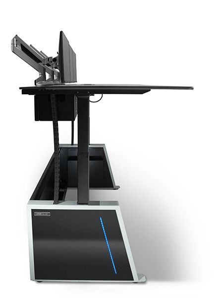 Visionline VL3 Side View Showing High Adjusted standing desk view with monitors and ergonomic design for control rooms by lund halsey