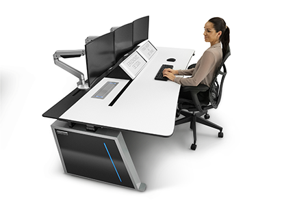Visionline XT3 sleek, modular desk system for command and control rooms: AV control rooms; Network Operation Centres (NOC); Security Operation Centres (SOC). Modelled in seating position for an ergonomic workspace.