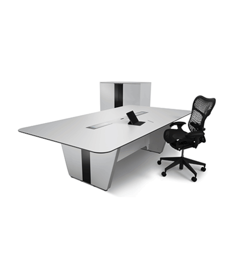 Kontrol Meet Control Room Conference and Meeting Table. A Kontrol Meet table with a circular shape, a white LED strip, and a central monitor.