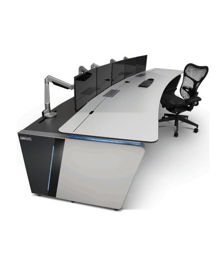 LundHalsey Kontrol Plus Fixed Height Control Room Console. A Kontrol Plus console with a curved shape, a blue LED strip, and multiple monitors on a stand.