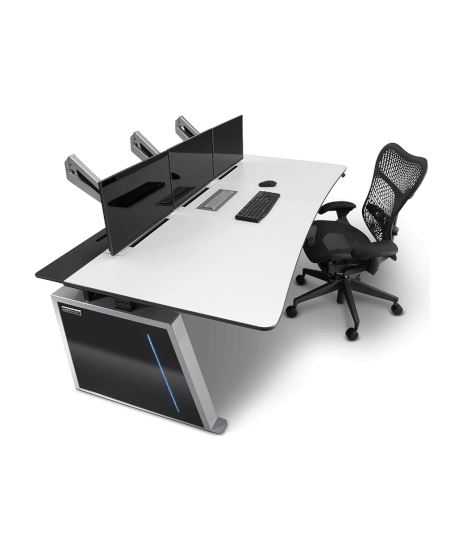 LundHalsey Visionline Height Adjustable Control Room Console. A Visionline console with a height-adjustable surface, a green LED strip, and a monitor on a stand.