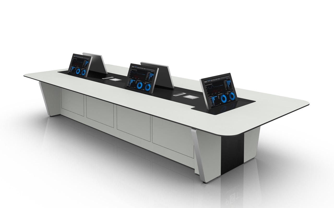 LundHalsey Kontrol Meet command and conference table with integrated motorised Arthur Holm monitors