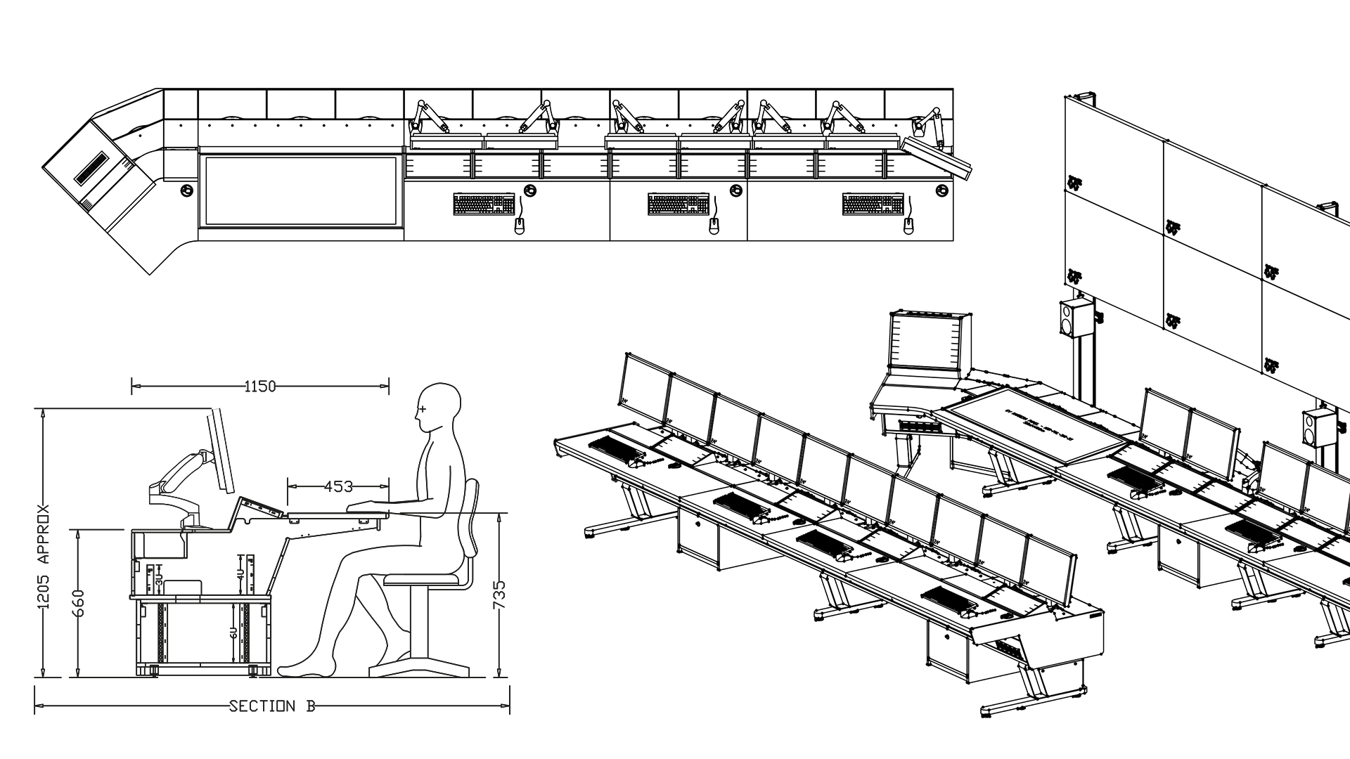 CAD drawing of a Control Room Riot Games setup, showing desks with multiple monitors, a seated person at a workstation, and wall-mounted screens; dimensions are provided. CAD drawing of a Control Room Riot Games setup, showing desks with multiple monitors, a seated person at a workstation, and wall-mounted screens; dimensions are provided.