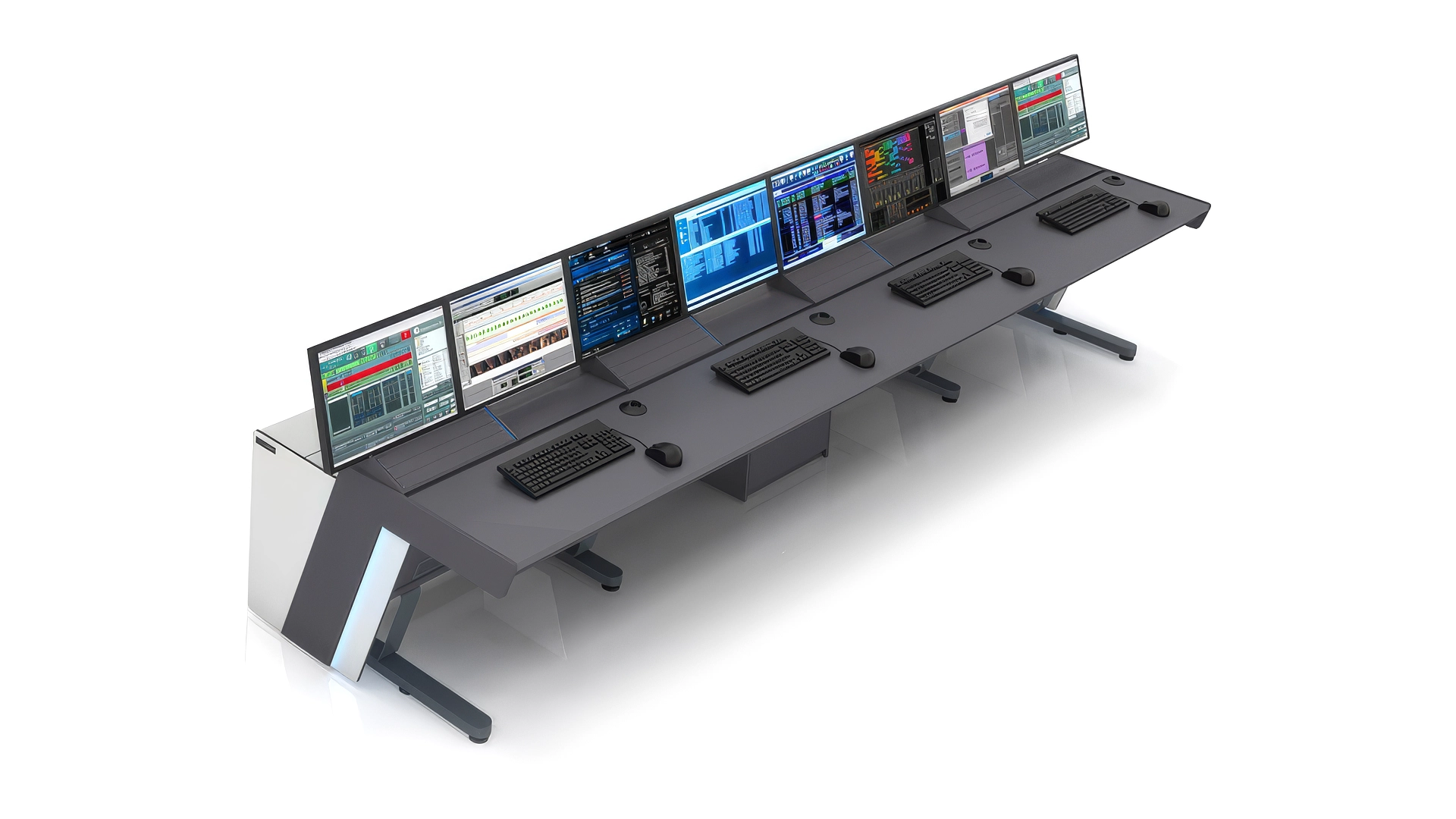 A modern control room workstation inspired by Riot Games, featuring five sets of monitors, keyboards, and mice arranged on a long, sleek desk, viewed from above. A modern control room workstation inspired by Riot Games, featuring five sets of monitors, keyboards, and mice arranged on a long, sleek desk, viewed from above.