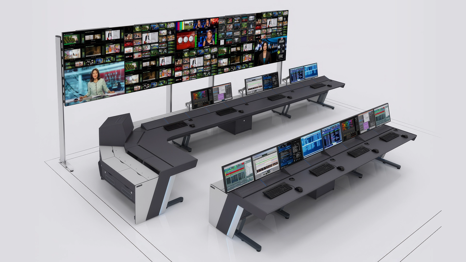 A modern control room, inspired by the setup at Riot Games, featuring multiple monitors on desks and a large video wall displaying various feeds, designed for monitoring and managing digital content. A modern control room, inspired by the setup at Riot Games, featuring multiple monitors on desks and a large video wall displaying various feeds, designed for monitoring and managing digital content.