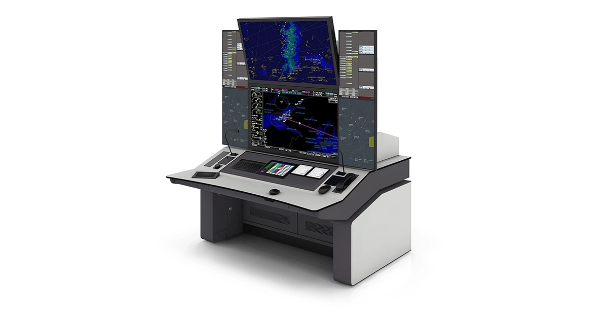 A modern LundHalsey Area Command and control room console forms the centrepiece of this air traffic control workstation, featuring multiple display screens showing radar and navigation data .