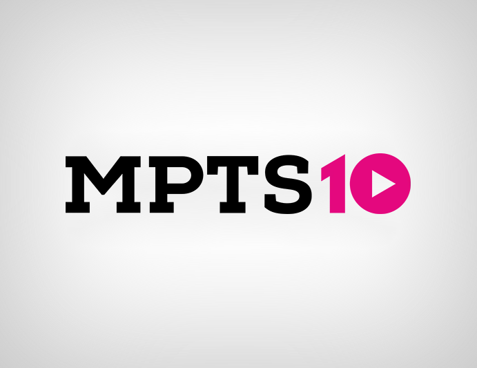 MPTS10 logo with MPTS in black bold letters and 10 in pink, featuring a play button symbol in the nought