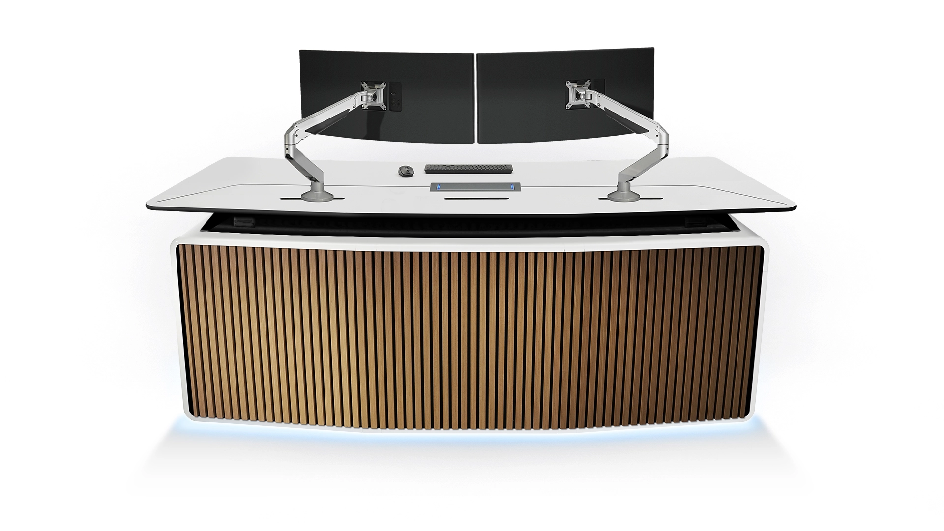 LundHalsey-Optima-Back-Panel-Wood-Front. LundHalsey OPTIMA control room console with timber Canvas back panel, front view