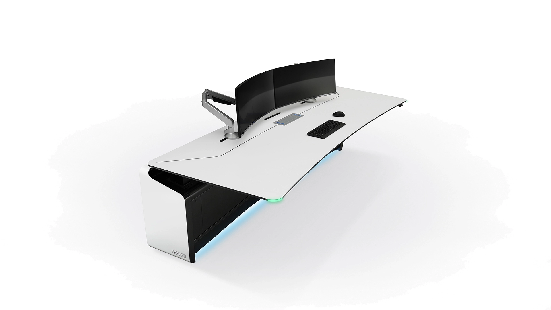 LundHalsey-Optima-Sit-Stand-3-4-Front-Lowered LundHalsey OPTIMA sit-stand control room console, three-quarter front view, lowered