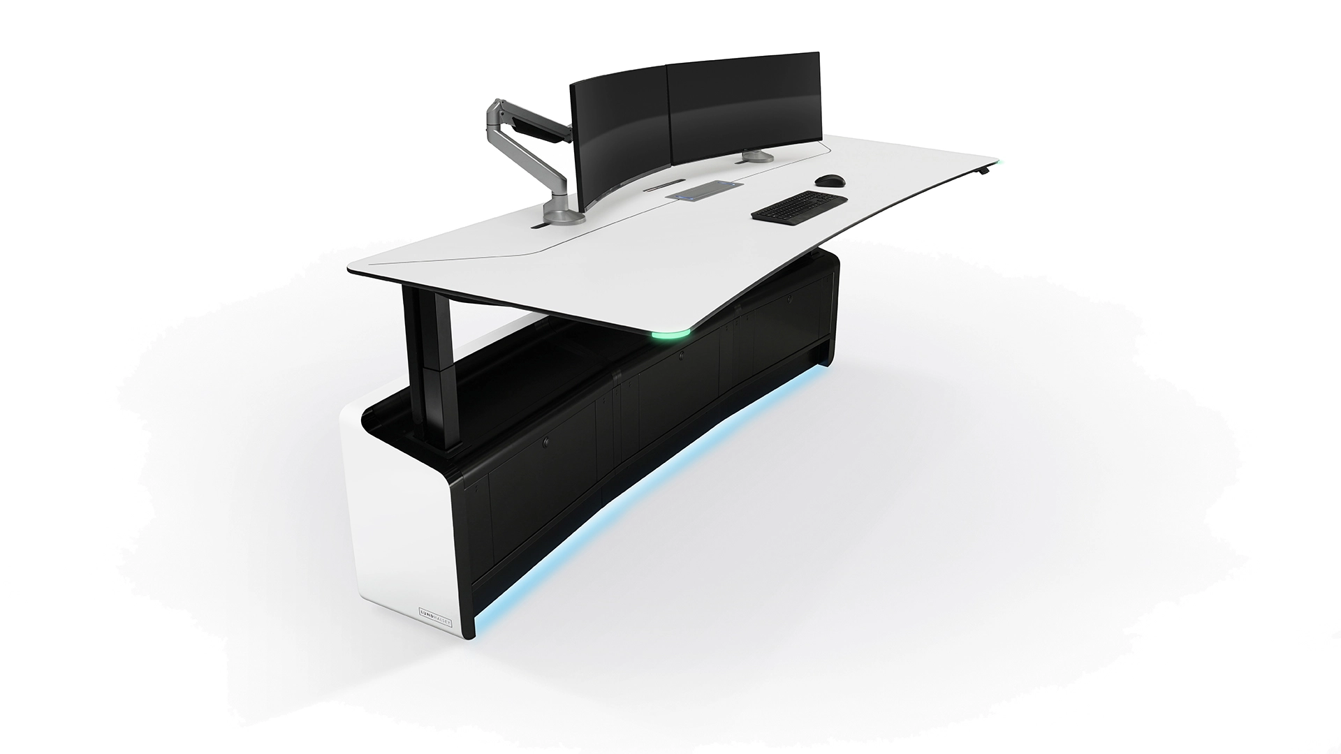 LundHalsey-Optima-Sit-Stand-3-4-Front-Raised. LundHalsey OPTIMA sit-stand control room console, three-quarter front view, raised