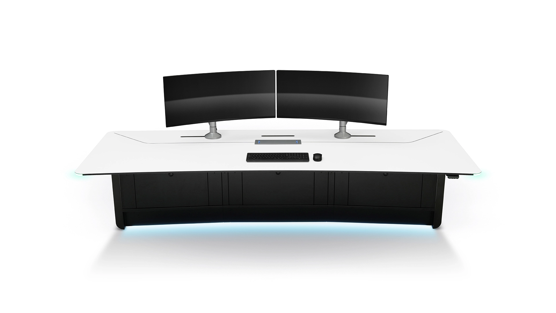 LundHalsey-Optima-Sit-Stand-Front-Lowered LundHalsey OPTIMA sit-stand control room console, front view, lowered