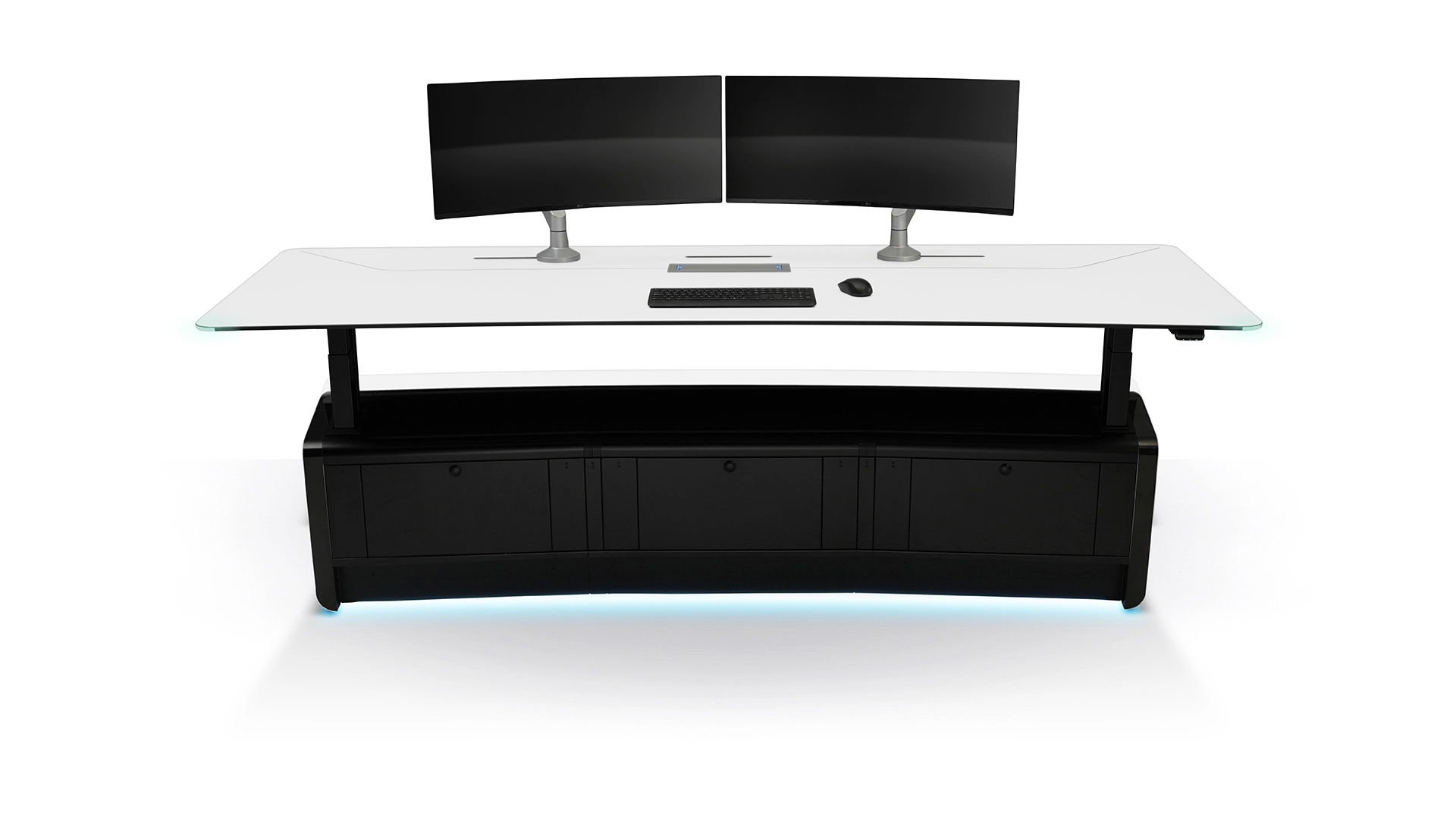 LundHalsey-Optima-Sit-Stand-Front-Raised LundHalsey OPTIMA sit-stand control room console, front view, raised