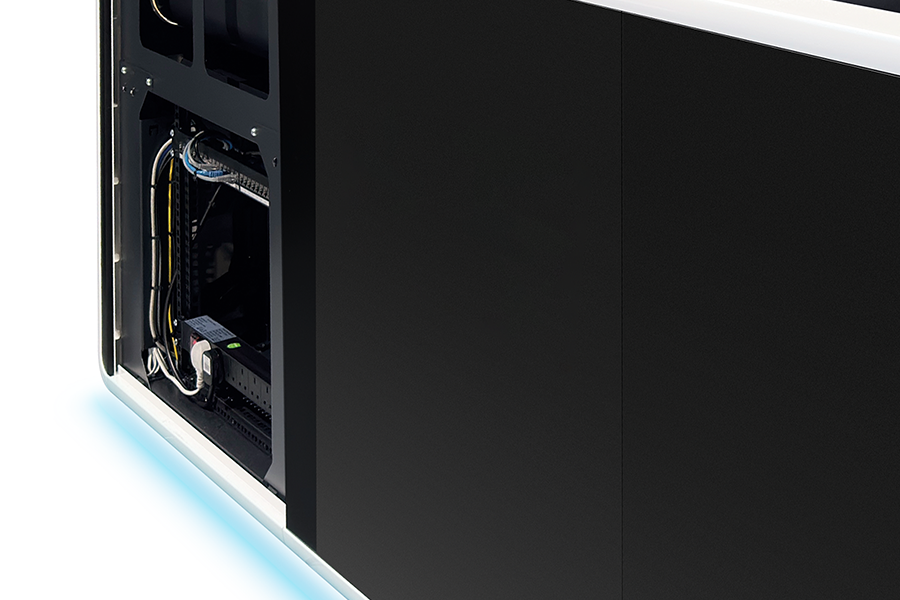Close-up of an electronic cabinet with an open panel revealing internal wiring, part of a Tower Command Motorised ATC & ATM Control Room Console, set against a white background. Close-up of an electronic cabinet with an open panel revealing internal wiring, part of a Tower Command Motorised ATC & ATM Control Room Console, set against a white background.
